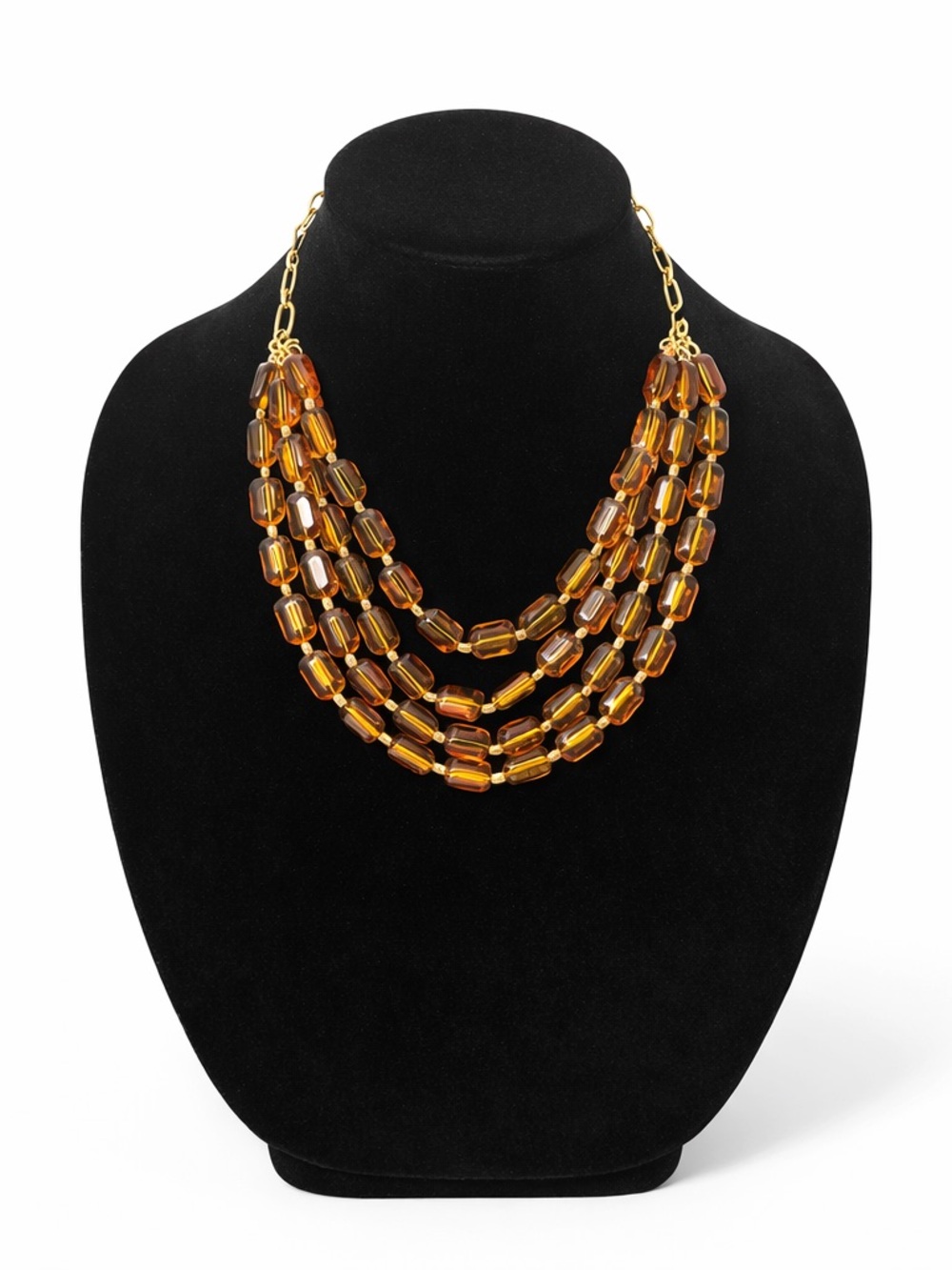 Talbots Amber Beaded Multi Strand Necklace Gold Tone Tortoise Lucite Statement